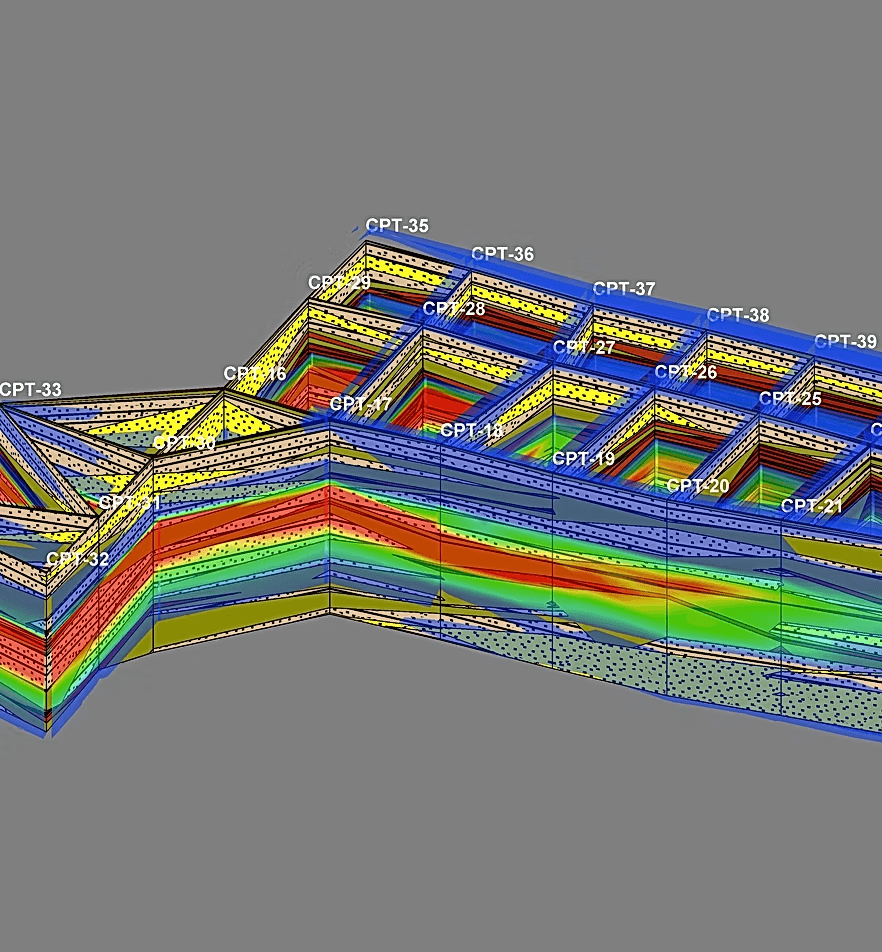 Close view of a three-dimensional CPT fence diagram with color-banded soil layers between borings labeled CPT-16 through CPT-39.