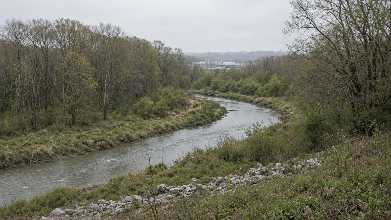 Overcast view of a river bending through a wooded valley, with a distant industrial facility on the horizon.