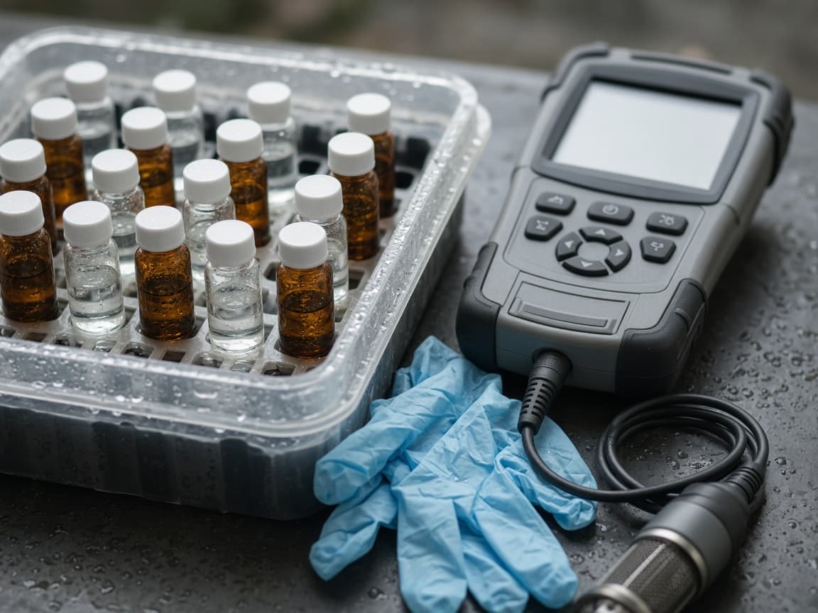 Amber and clear water-sample vials in a cooler tray beside a field water-quality meter and nitrile gloves.