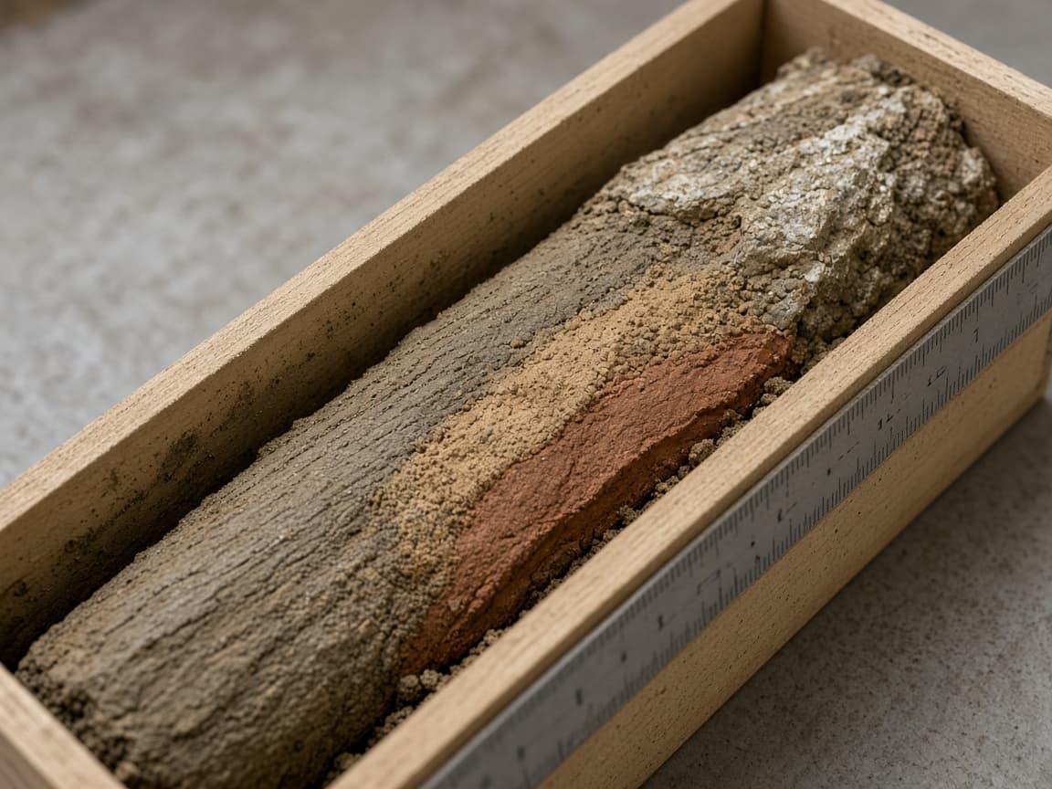 Rock core samples laid out in a core box