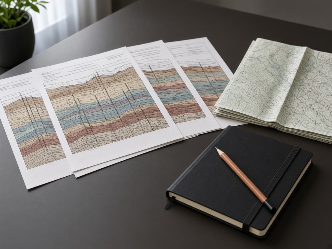 Printed geologic cross sections and a folded topographic map on a conference table with a notebook and pencil.