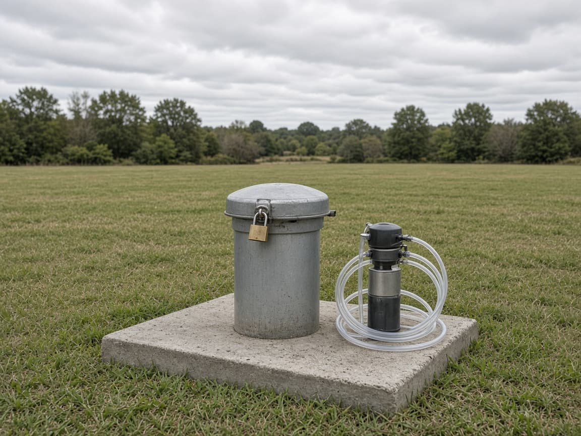 Locked steel groundwater monitoring well and coiled sampling tubing on a concrete pad in a grass field.