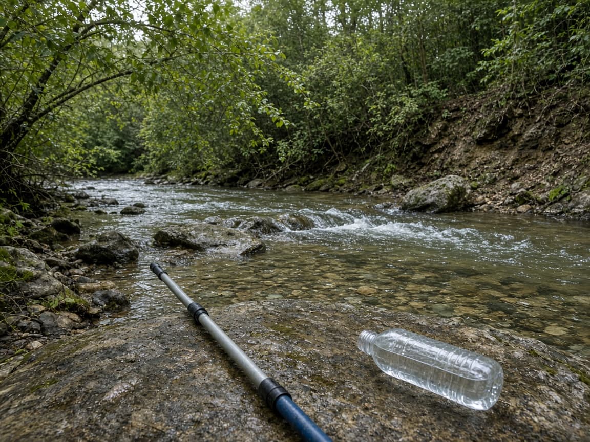 A rocky wooded stream with a sampling pole and bottle resting on a boulder at the water's edge.