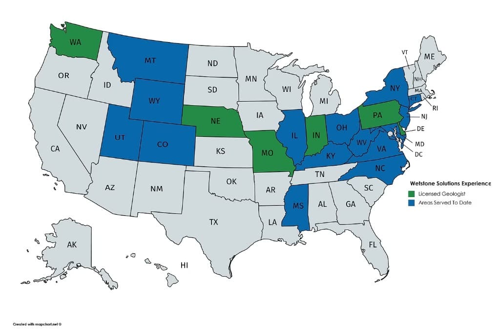 Map of the United States titled Wetstone Solutions Experience: green states indicate licensed geologist credentials; blue states indicate areas served on projects to date. Other states are neutral.